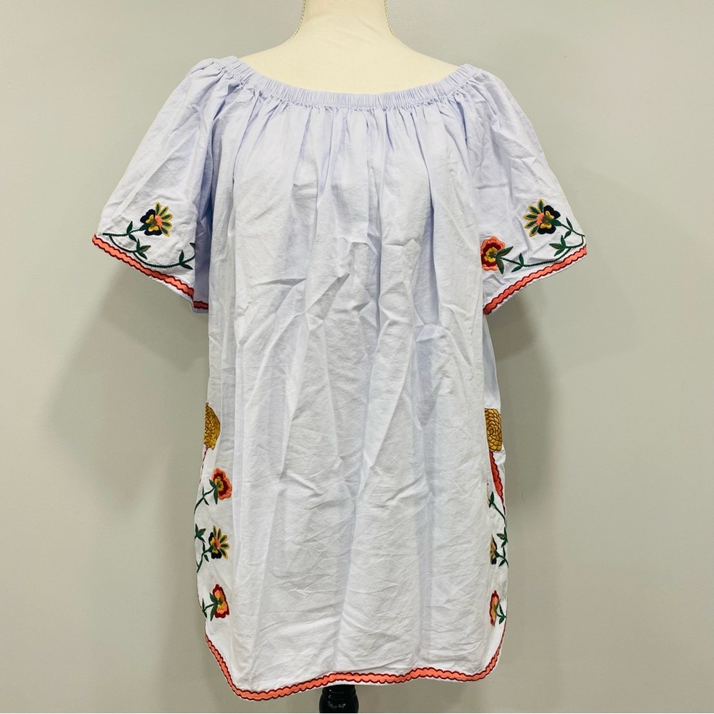 ZARA S Floral Embroidered Off Shoulder Chambray Blue Shift Dress Beachy Cottage